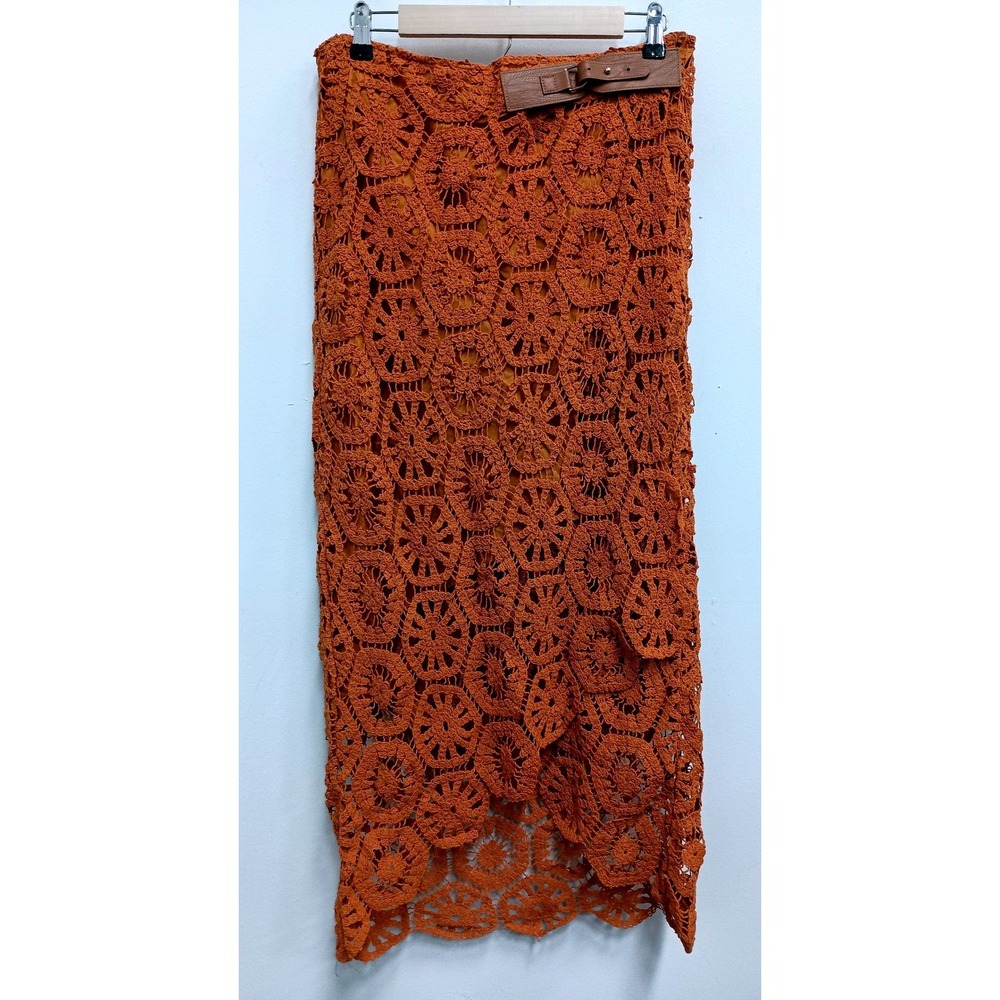 Soft Surroundings Crochet Lace Maxi Skirt Womens Medium Rust Brown Boho Festival